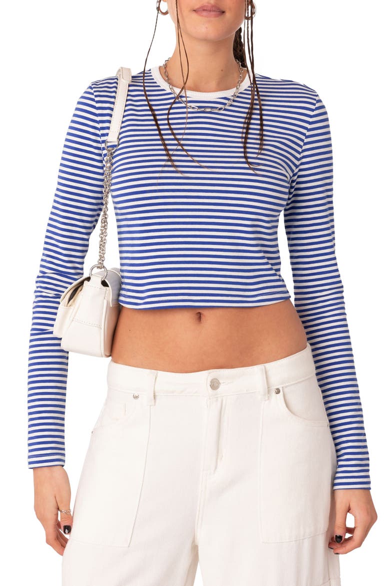 Montie Stripe Long Sleeve Crop Top, Main, color, BLUE STRIPES