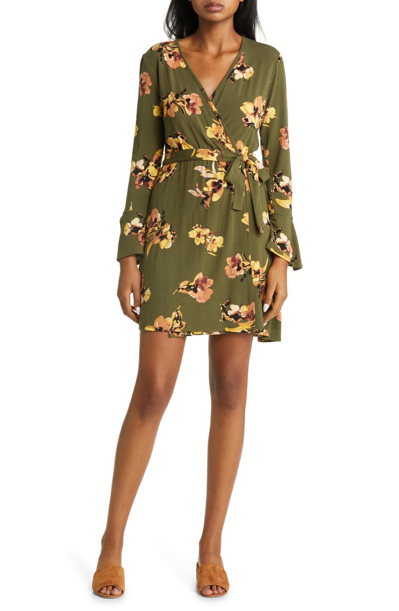 Loveappella Floral Long Sleeve Faux Wrap Dress, Main, color, Olive