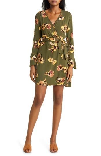 Loveappella Floral Long Sleeve Faux Wrap Dress In Green