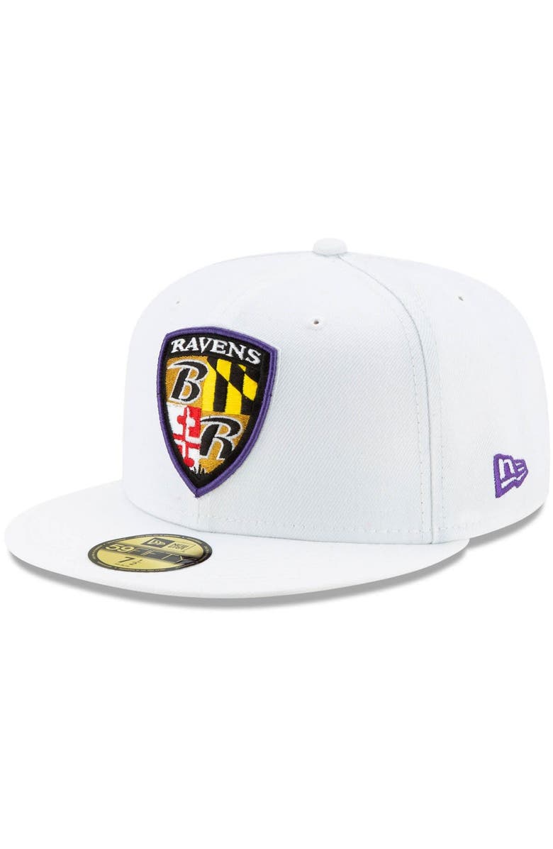 New Era Men's New Era White Baltimore Ravens Shield Omaha 59FIFTY Fitted Hat, Main, color, White
