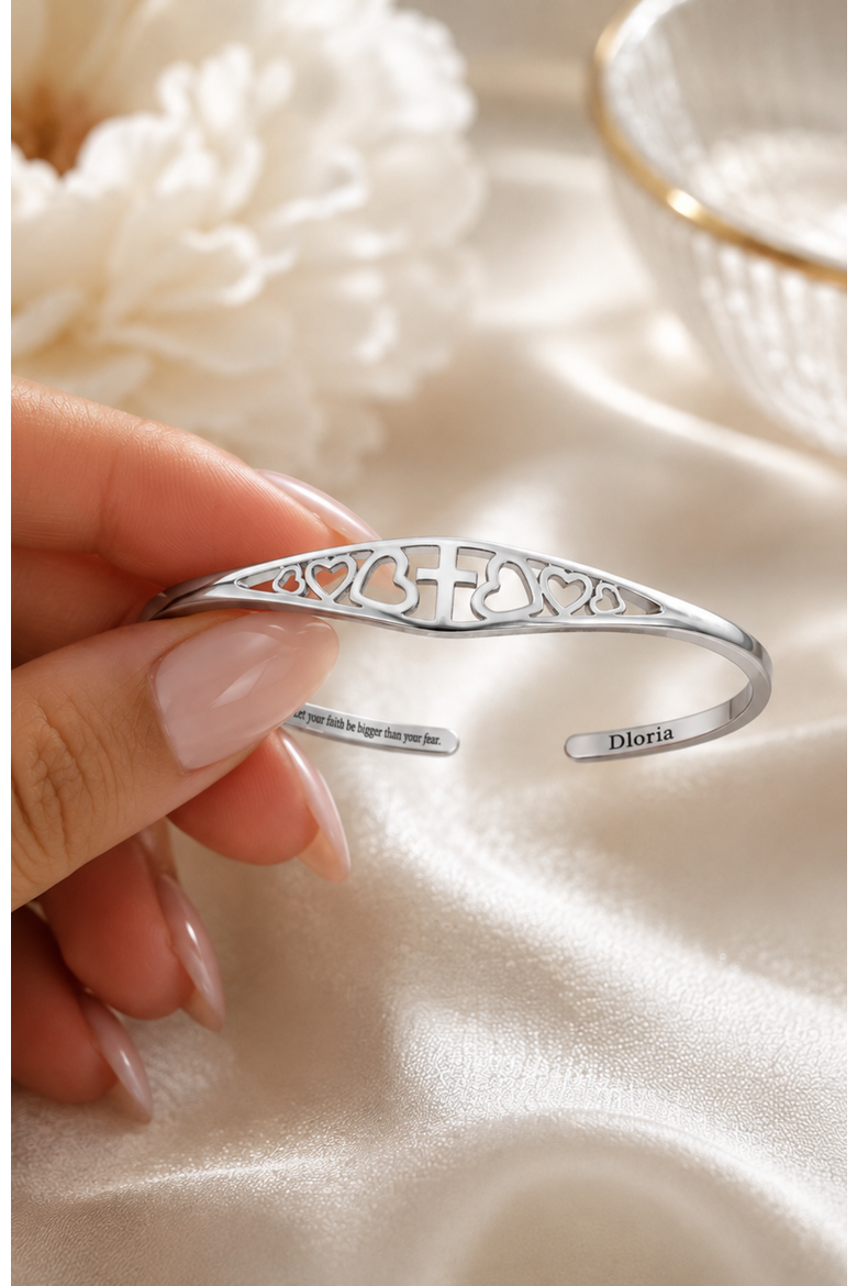 Cross and Heart Faith Engraved Adjustable Cuff Bracelet Let your faith be bigger than your fear, Alternate, color, Silver