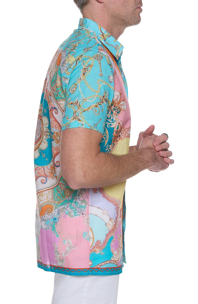 RANEES Printed Linen & Cotton Shirt, Alternate, color, Blue/ Green Multi