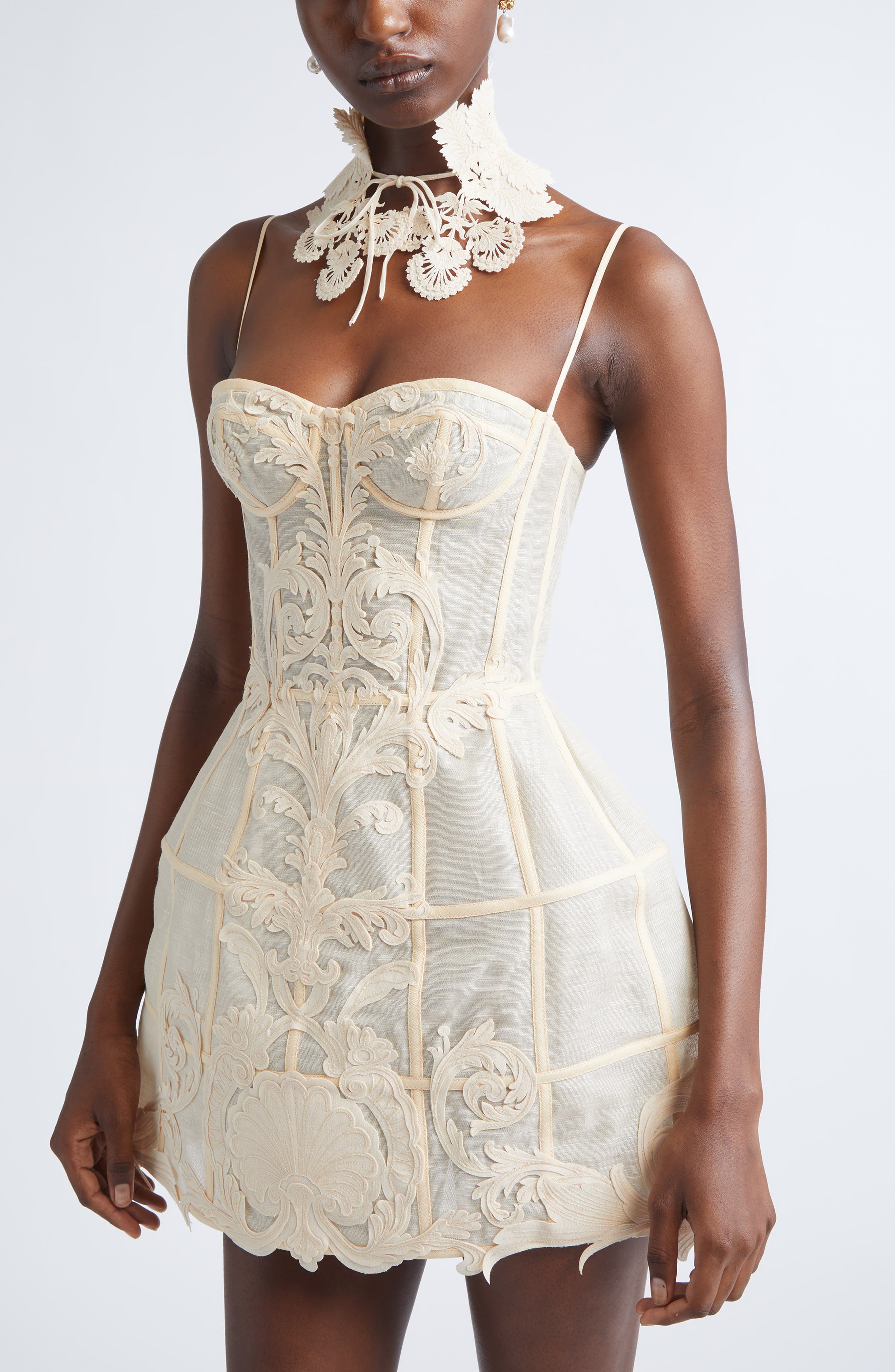 Rebellion Filigree Lace Trim Linen & Silk Minidress (Women