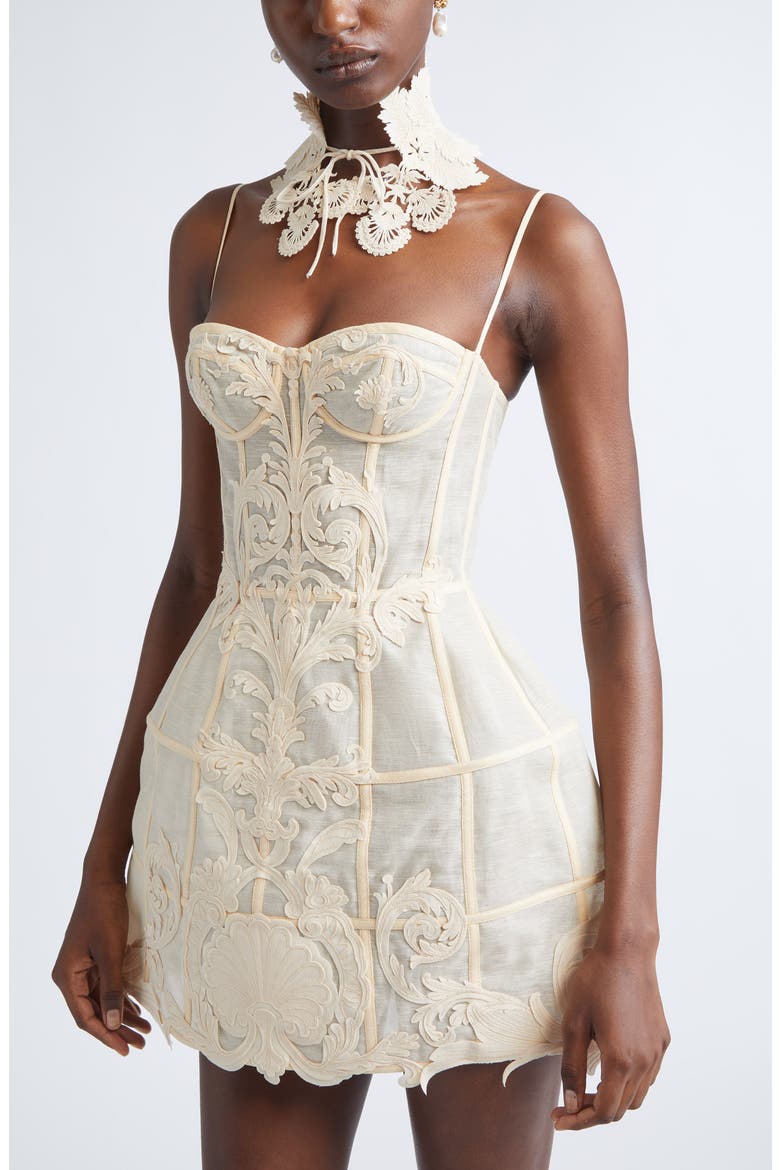 Rebellion Filigree Lace Trim Linen & Silk Minidress, Alternate, color, CREAM