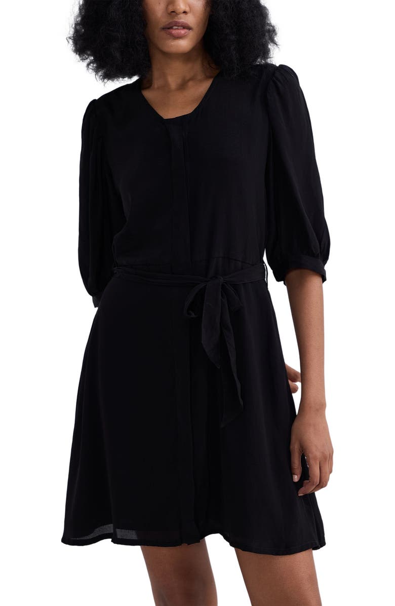 Reistor Short Black Dress with a Waist-tie in Black, Alternate, color, Black