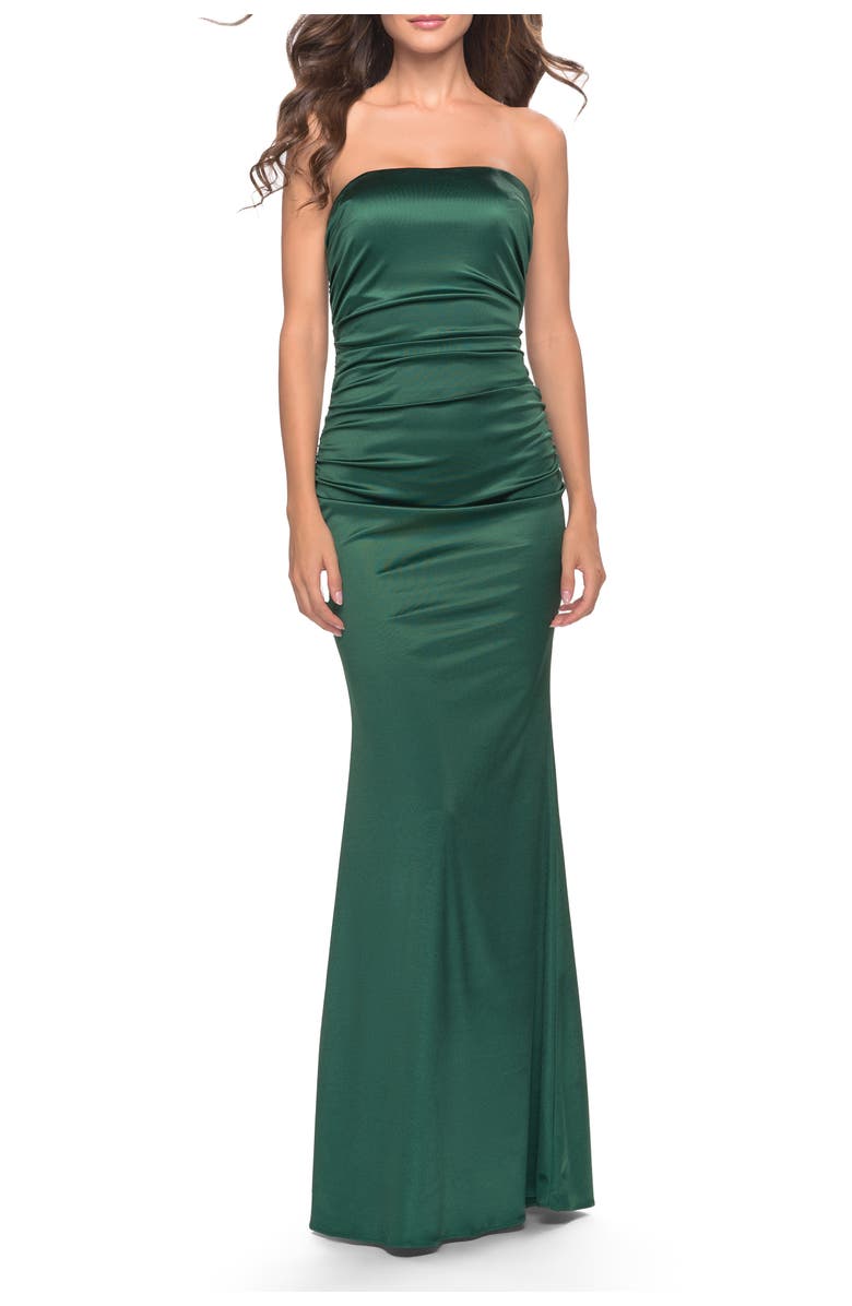La Femme Chic Strapless Liquid Jersey Gown with Ruching, Main, color, Dark Emerald