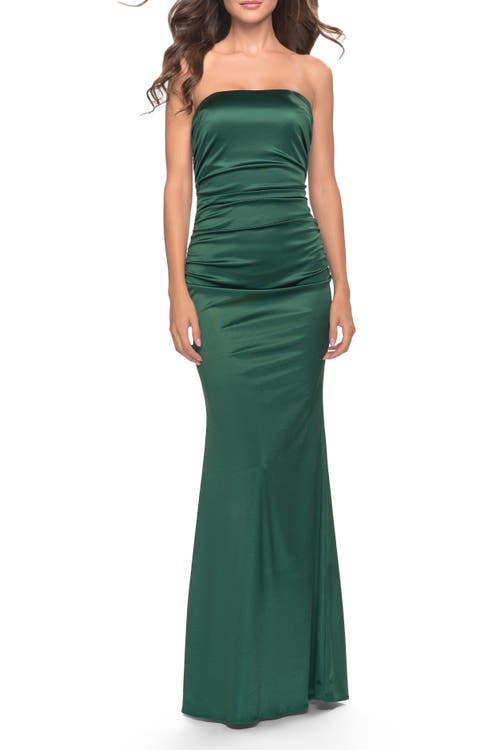 La Femme Chic Strapless Liquid Jersey Gown With Ruching In Dark Emerald