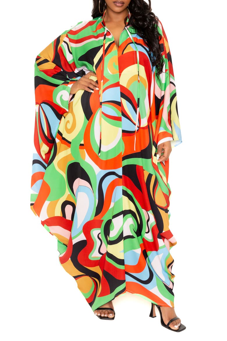 Geometric Print Long Sleeve Caftan, Alternate, color, GREEN MULTI