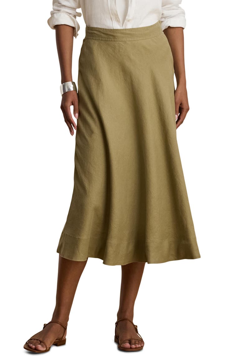 A-Line Linen Midi Skirt, Main, color, LIGHT AGAVE GREEN
