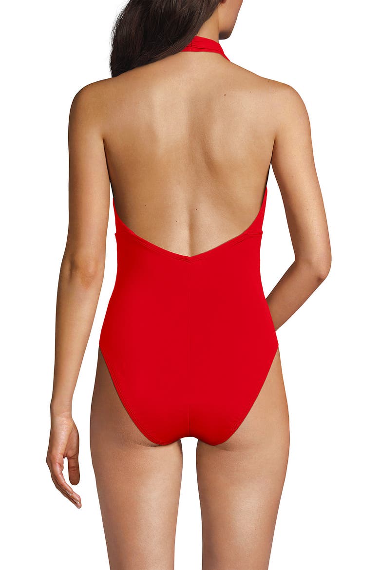 SlenderSuit Halter Ruched Plunge High Leg One Piece Swimsuit, Alternate, color, Daylily Red
