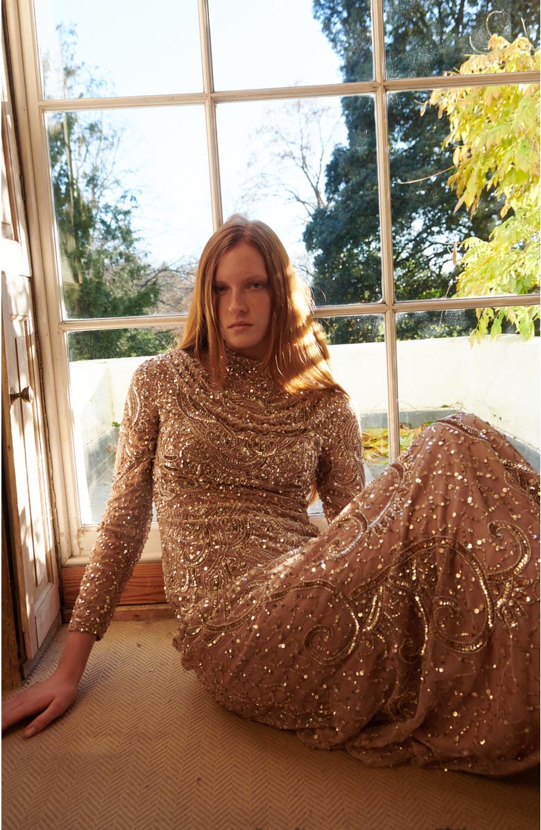 MARYISA Modest Embellished Sequin Beaded Maxi Dress With Cowl Neck And Trail, Alternate, color, Taupe Blush