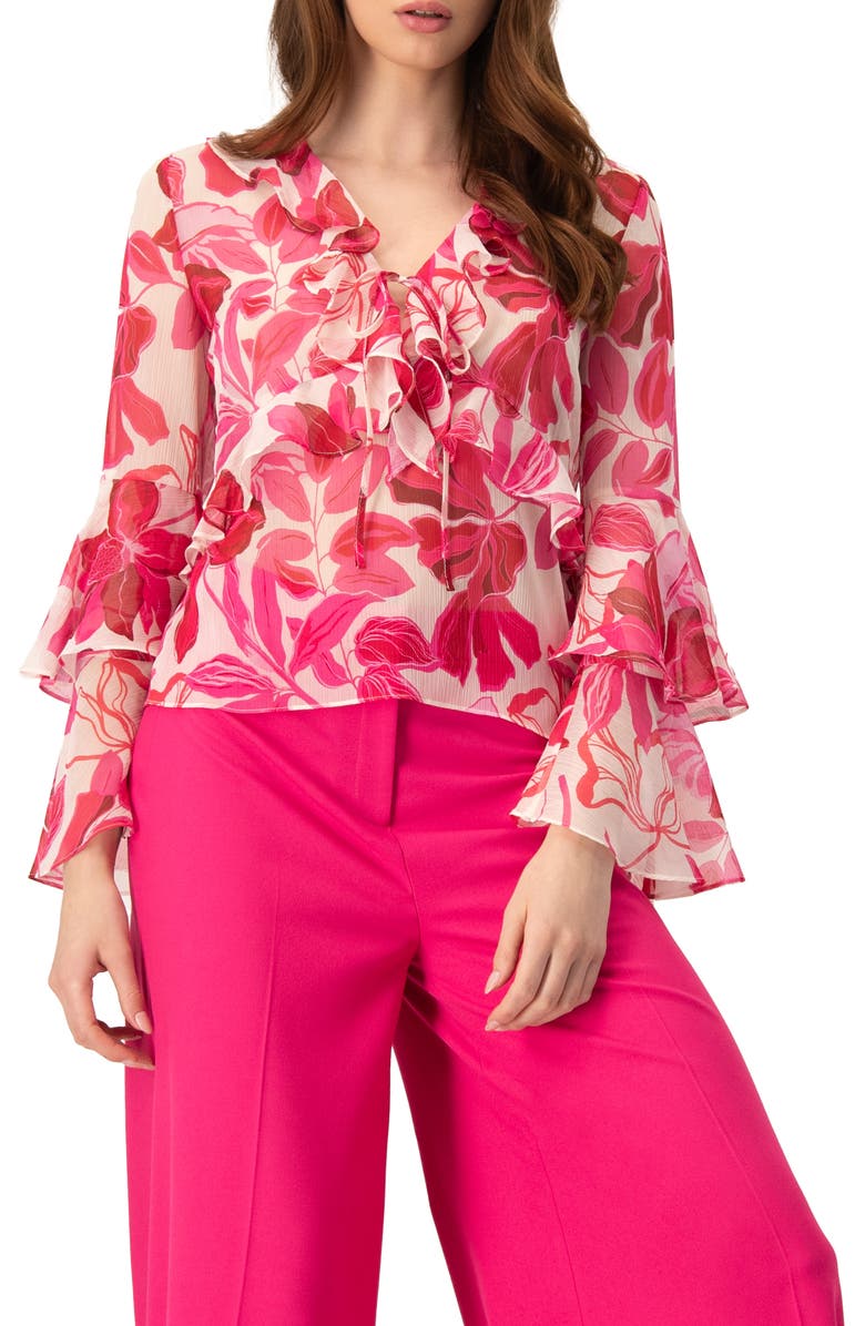IVONNE Straight Long Sleeve Blouse with Ruffles, Main, color, Fuchsia