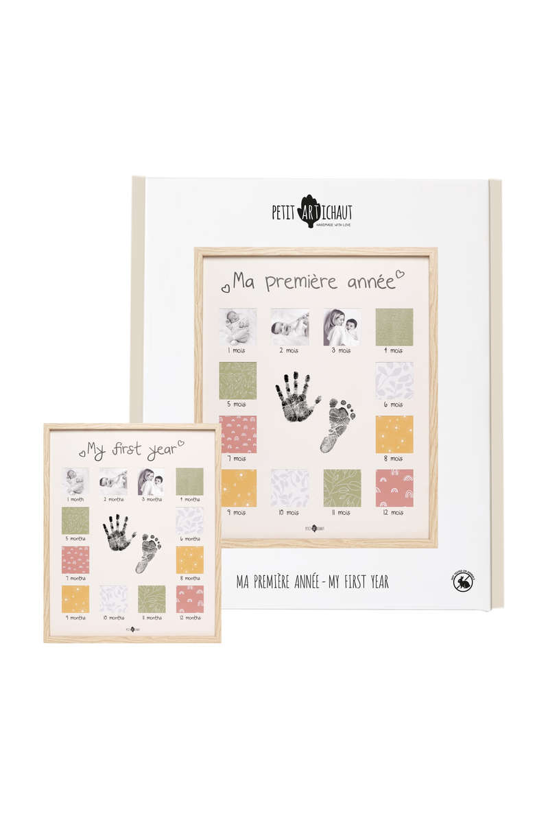 Petit Artichaut My First Year Memory Frame - Clean Touch Inkless Hand & Footprint Keepsake Kit, Main, color, Beige