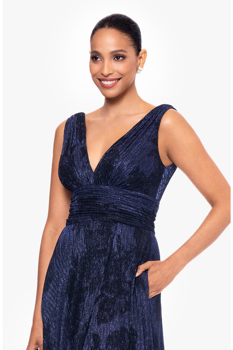 Flock Floral Metallic Crinkle Gown, Alternate, color, NAVY/ BLACK