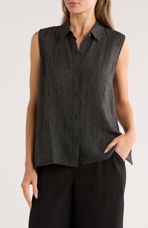 Classic Gingham Sleeveless Organic Linen Button-Up Shirt
