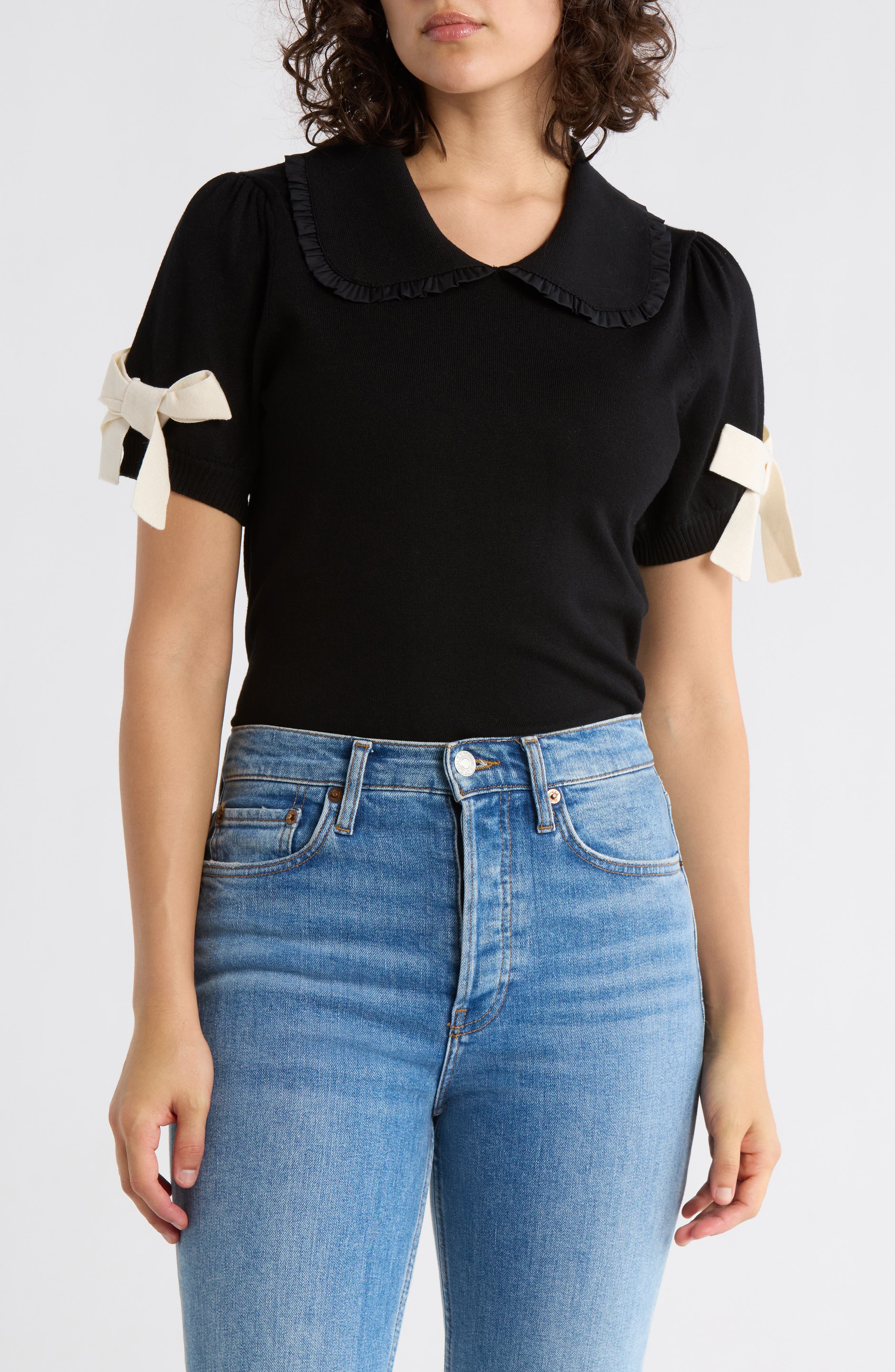 Adrianna Papell Ruffle Peter Pan Collar Short Sleeve Sweater