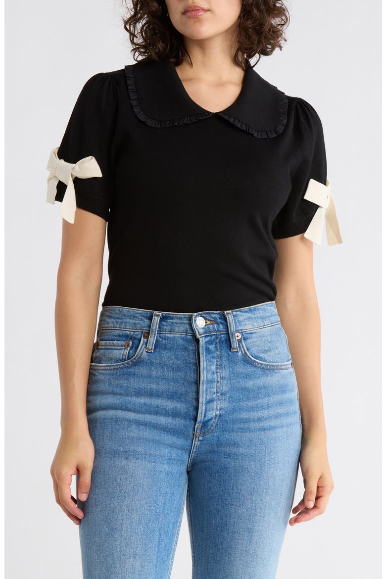 Ruffle Peter Pan Collar Short Sleeve Sweater, Main, color, BLACK/ CREAM