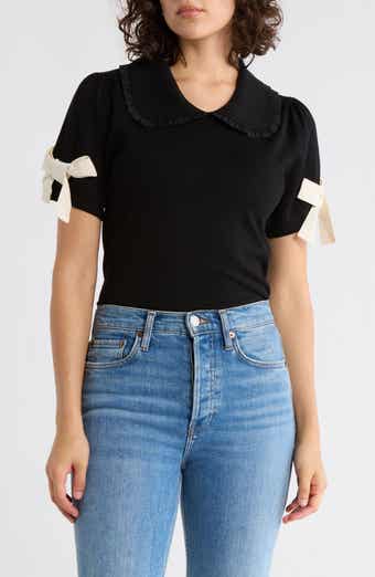 Adrianna Papell Ruffle Peter Pan Collar Short Sleeve Sweater