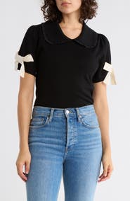 Adrianna Papell Ruffle Peter Pan Collar Short Sleeve Sweater