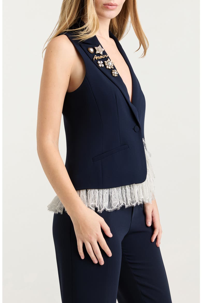 Roxie Faux Pearl & Crystal Detail Mixed Media Vest, Alternate, color, NAVY/ IVORY