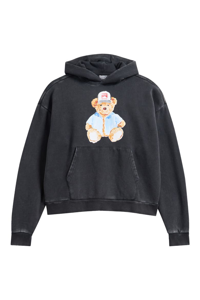 Watercolor Teddy Bear Graphic Hoodie, Alternate, color, BLACK