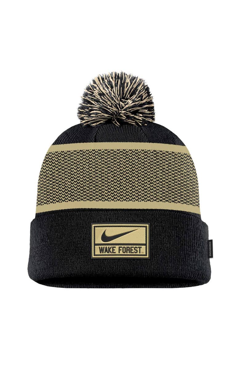 Nike Youth Nike Black Wake Forest Demon Deacons 2024 Sideline Peak Cuffed Knit Hat with Pom, Alternate, color, Black