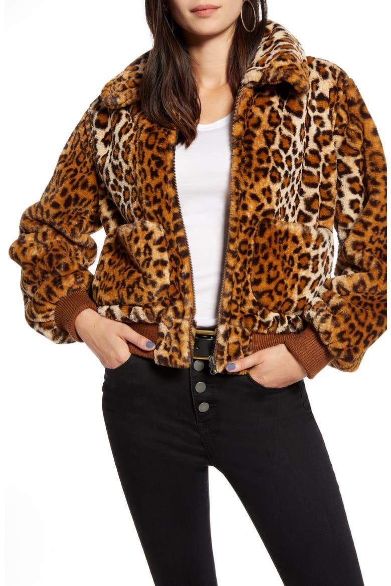 Leopard Faux Fur Bomber Jacket, Main, color, TAN- BROWN FAUX LEOPARD