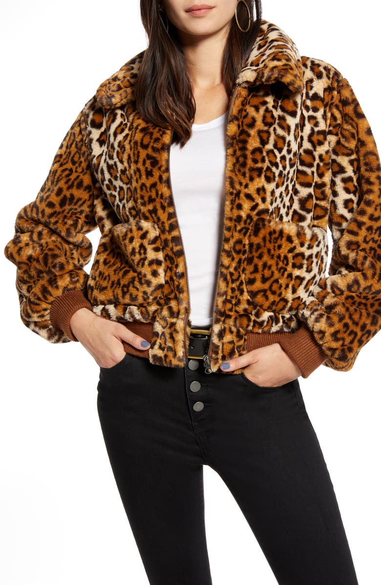 Treasure & Bond Leopard Faux Fur Bomber Jacket, Main, color,