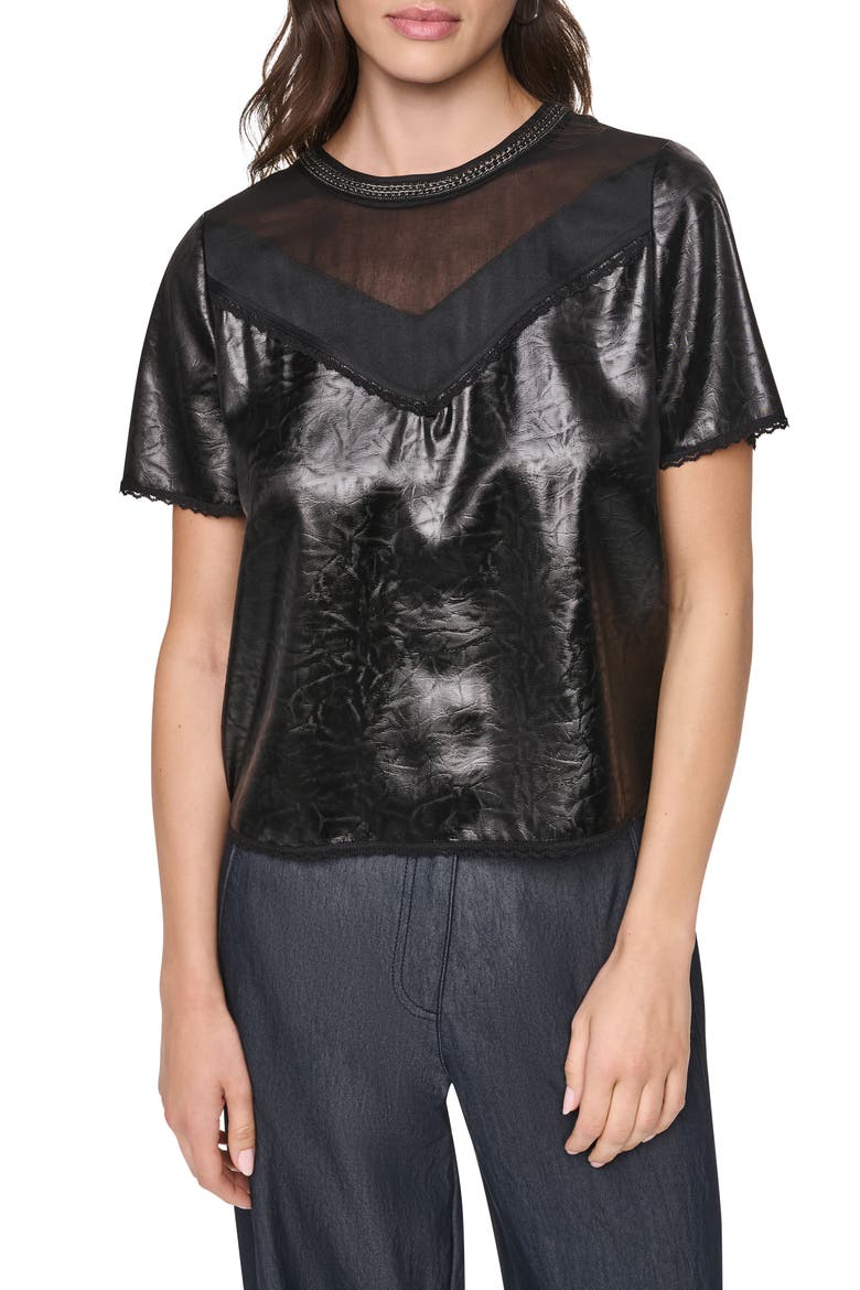 Mixed Media Crackle Faux Leather Top, Main, color, BLACK