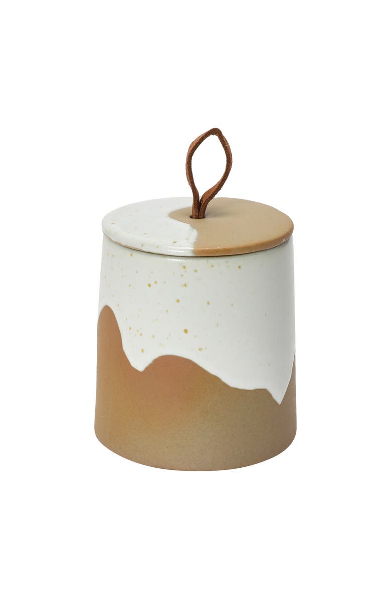 Storied Home Stoneware Canister with Leather Loop, Main, color, Brown
