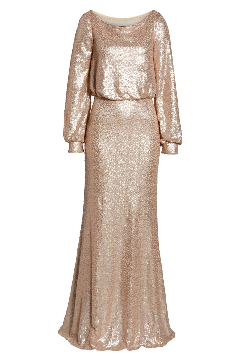Blouson Long Sleeve Sequin Evening Dress, Alternate, color, CHAMPAGNE
