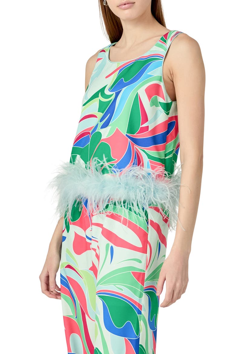 Abstract Print Feather Trim Sleeveless Top, Alternate, color, GREEN/ BLUE MULTI