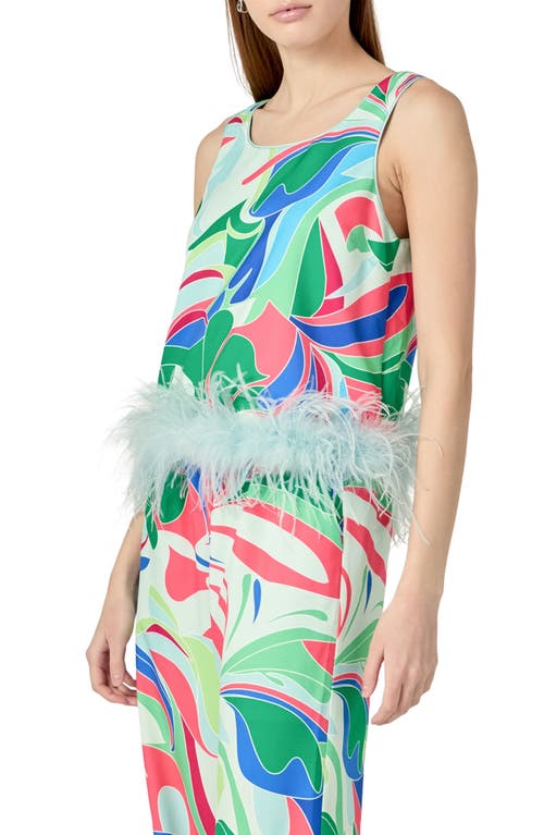English Factory Abstract Print Feather Trim Sleeveless Top In Green/blue Multi
