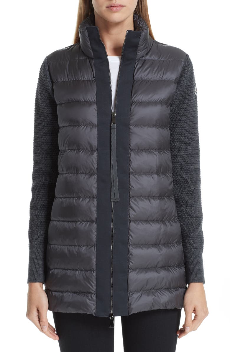 Moncler Quilted Down & Knit Cardigan, Main, color, 