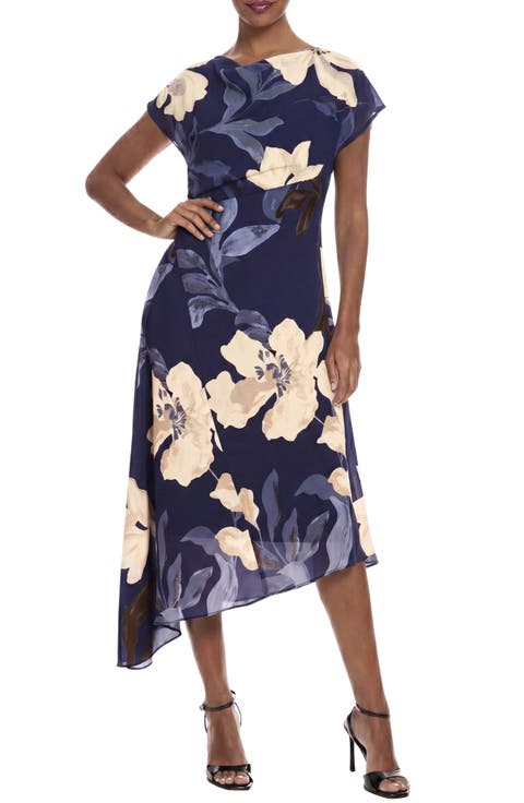 Asymmetrical Cap Sleeve Floral Midi Dress