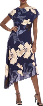 Maggy London Asymmetrical Cap Sleeve Floral Midi Dress