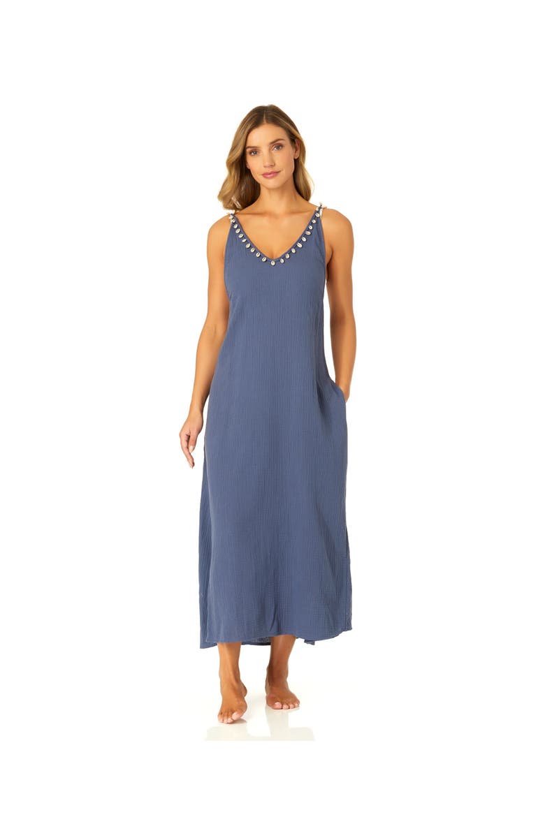 Women's V Neck Braided Shell Strap Cover Up, Alternate, color, Blue Indigo