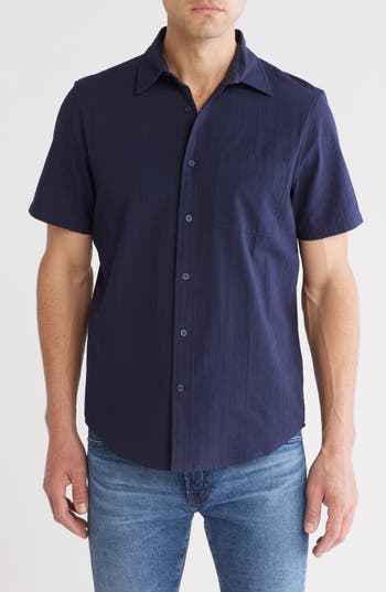 14th & Union Seersucker Short Sleeve Cotton Button-up Shirt In Navy Blazer
