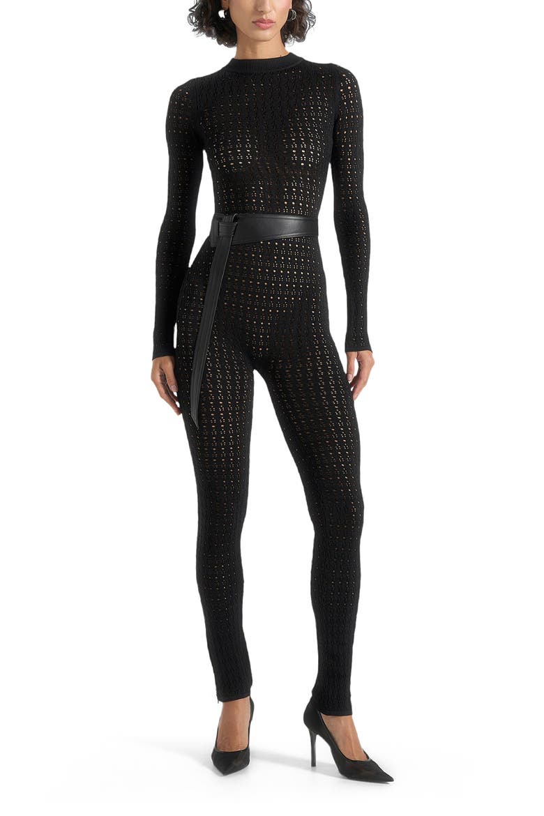 Tiana Pointelle Knit Long Sleeve Jumpsuit with Belt, Main, color, Black