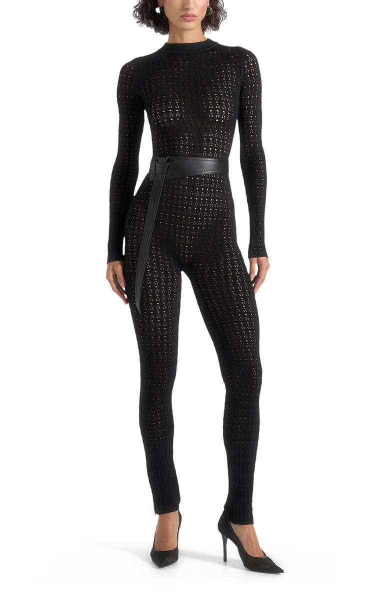 Manière De Voir Tiana Pointelle Knit Long Sleeve Jumpsuit with Belt, Alternate, color, Black