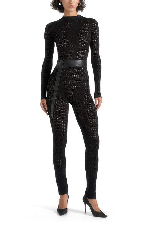 Tiana Pointelle Knit Long Sleeve Jumpsuit with Belt