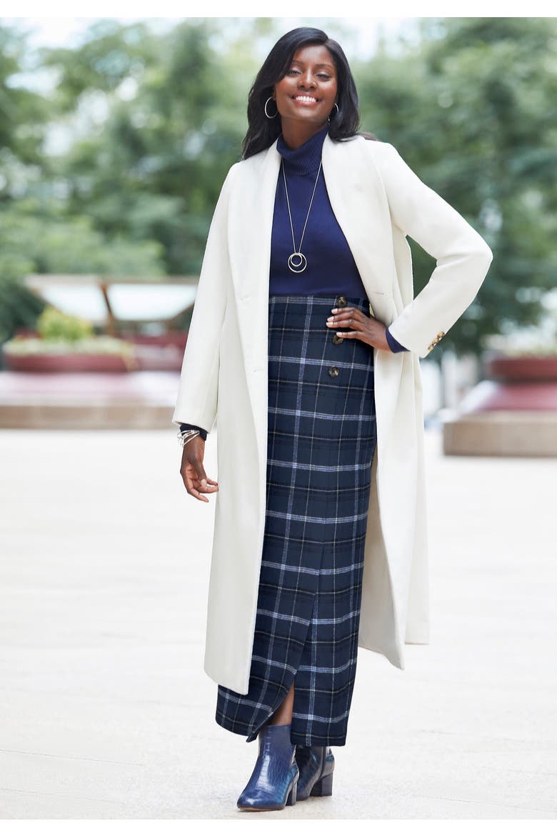 Side Button Wool Skirt, Alternate, color, BLACK IVORY WINDOWPANE