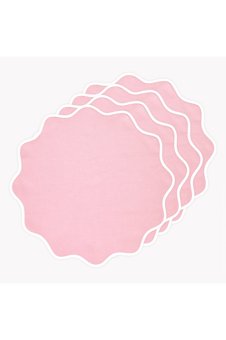 Linen Placemats Set of 4, 16 Inch Round - Giselle Scallop Edge, Main, color, White and Pink Lemonade