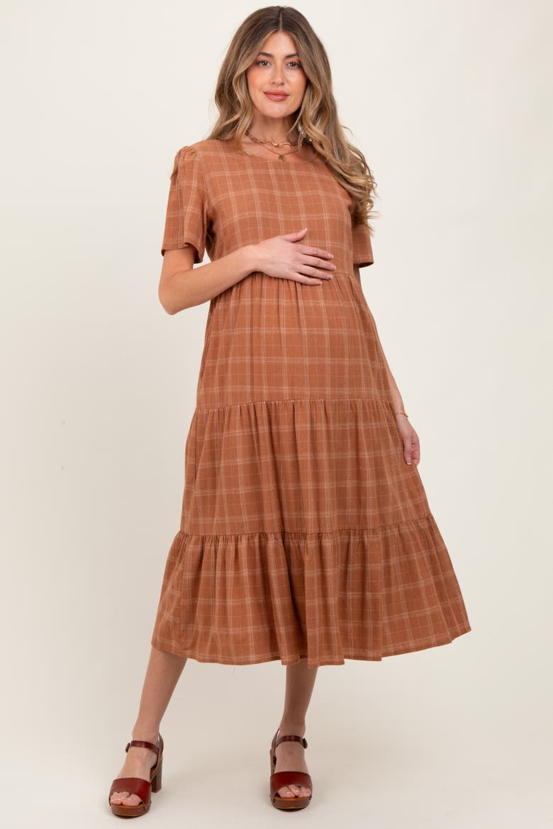 Plaid Tiered Short Sleeve Dress, Alternate, color, Rust