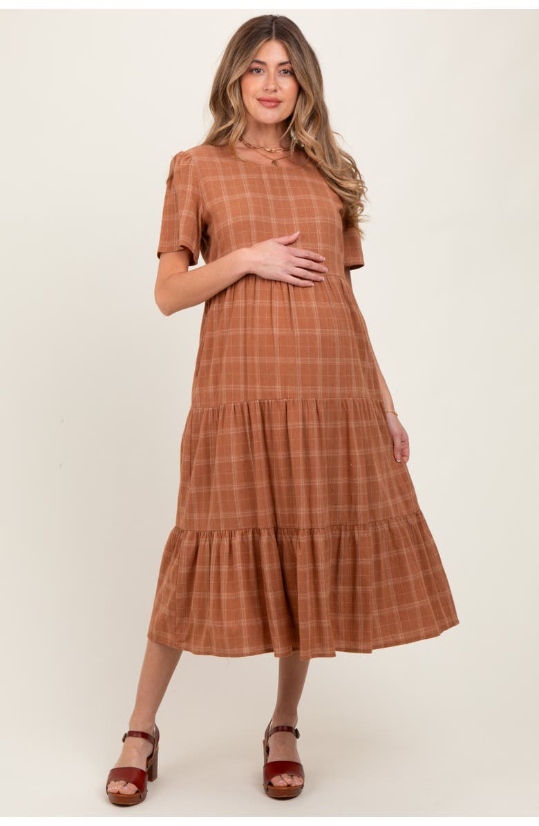 PinkBlush Plaid Tiered Short Sleeve Dress, Alternate, color, Rust