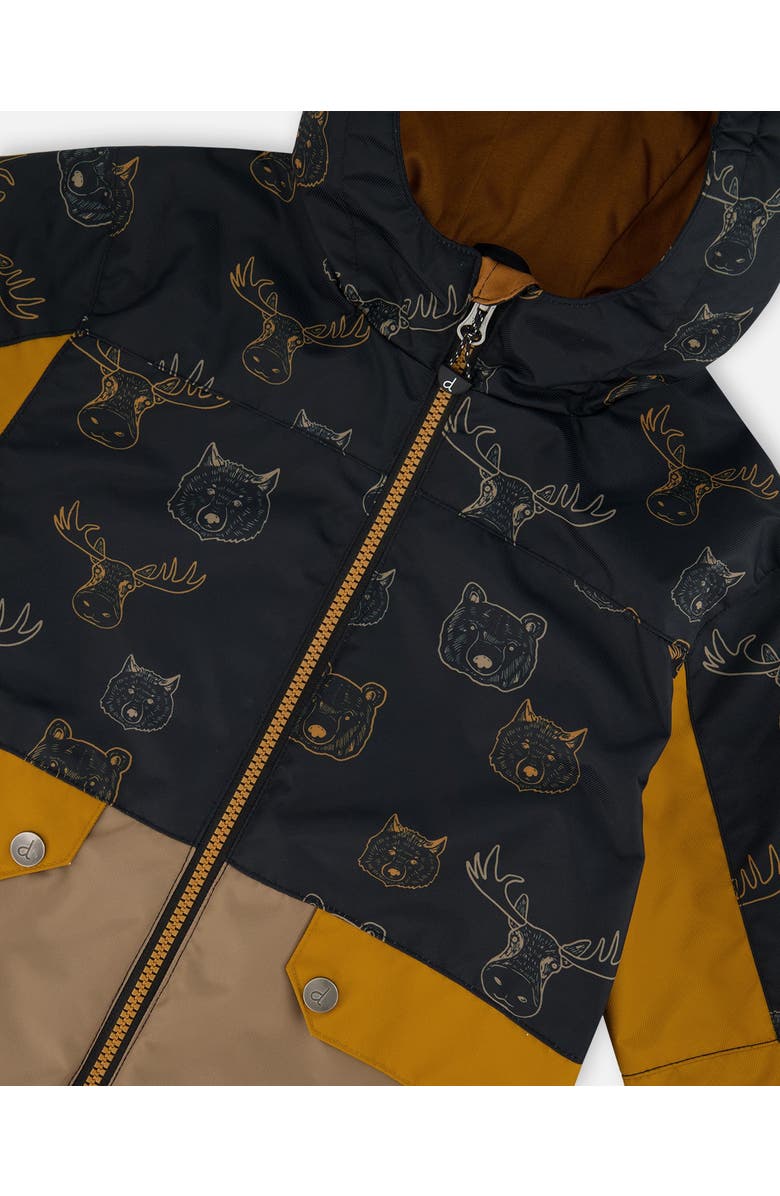 Deux par Deux Little Boy's 3-In-1 Mid-Season Outerwear Set With Colorblock Jacket Beige Animals On Black Background, Alternate, color, 