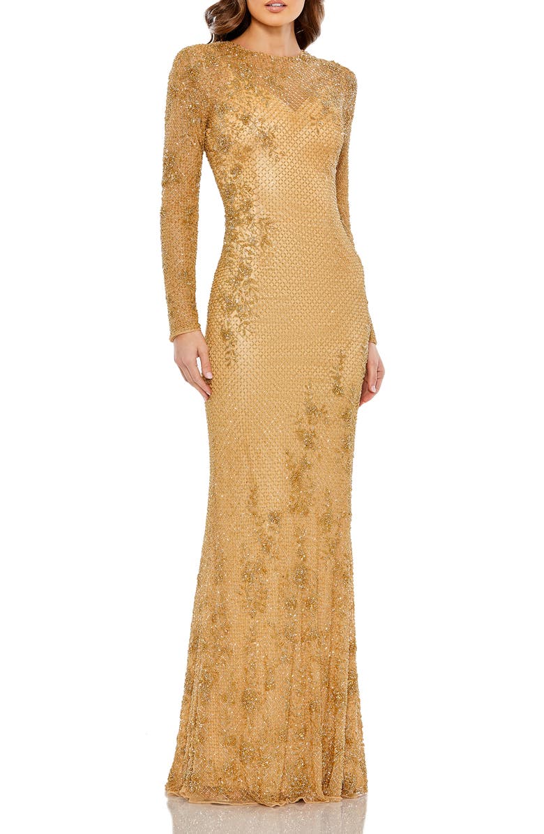 Mac Duggal Long Sleeve Embellished Evening Gown, Main, color, Gold