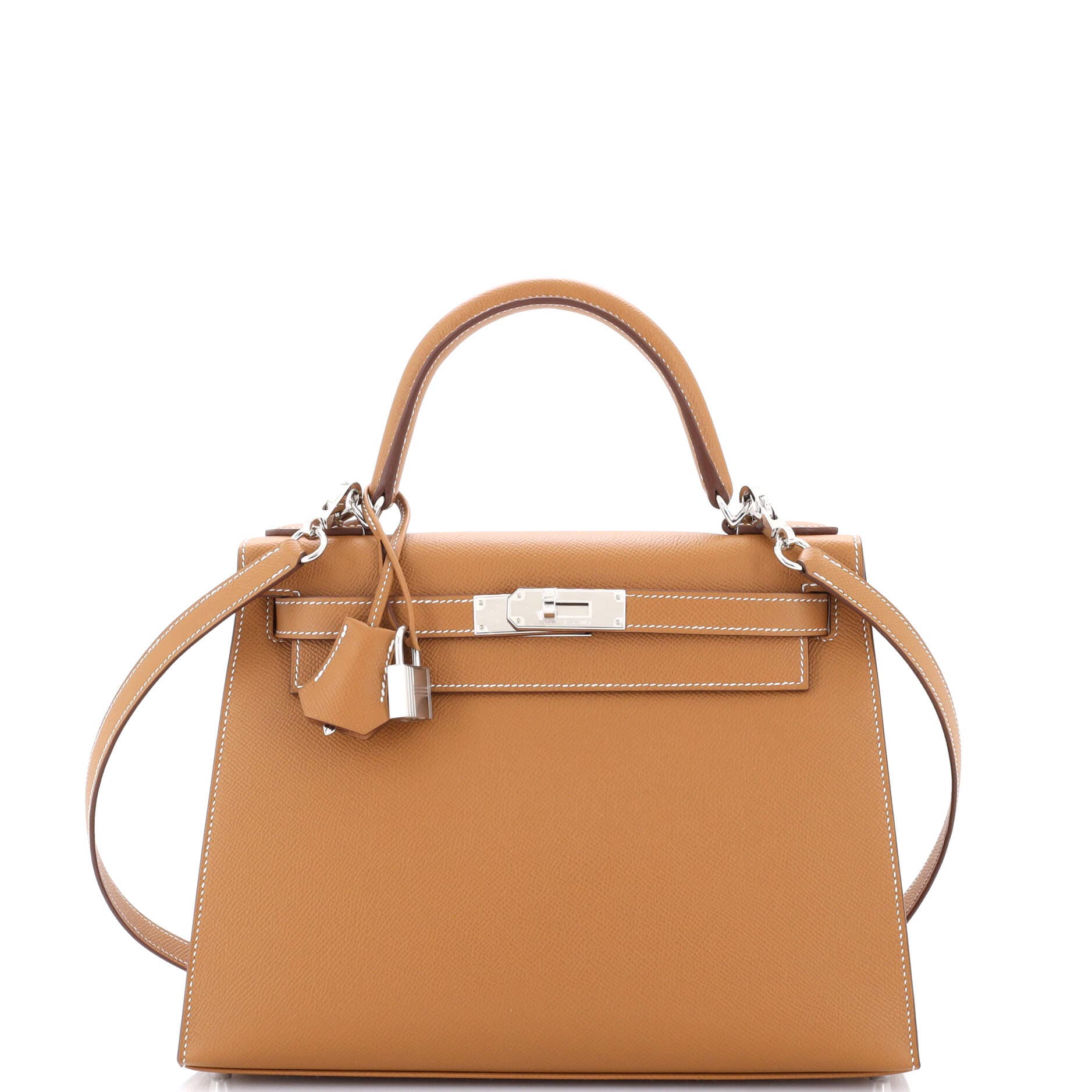 Pre-Owned Hermes Kelly Handbag Brown Epsom with Palladium Hardware 28, Main, color, Gold