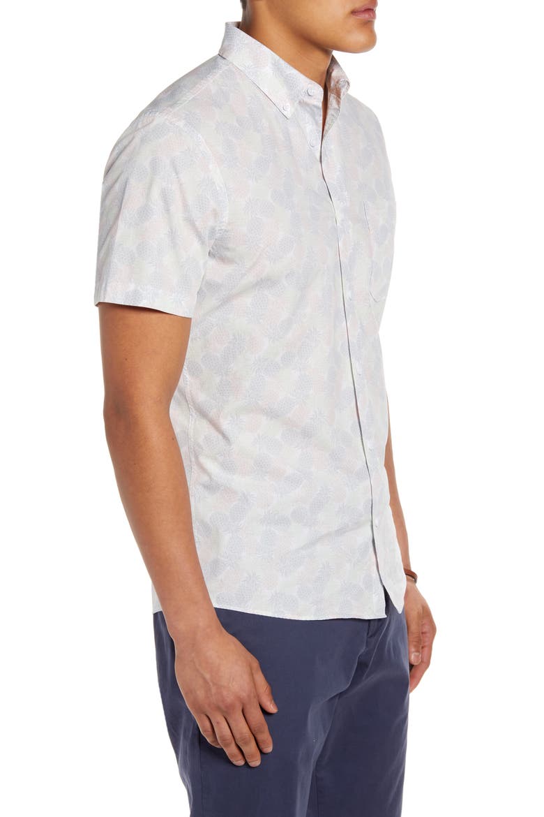 Slim Fit Pineapple Print Short Sleeve Button-Down Shirt, Alternate, color, WHITE PINK PINEAPPLES