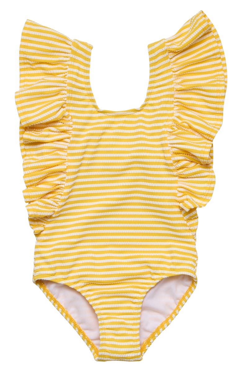 Snapper Rock Kids' Sunshine Stripe Ruffle UPF 50+ One-Piece Swimsuit, Main, color, Yellow